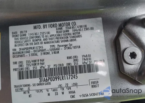 2020 Ford Fusion Titanium z USA, uszkodzony, nr VIN 3FA6P0D99LR117245